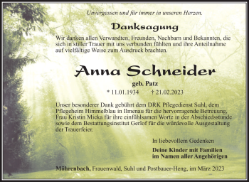 Traueranzeige von Anna Schneider von Südthüringer Presse