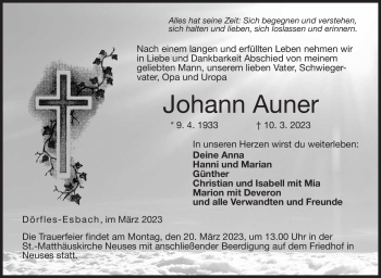 Traueranzeige von Johann Auner von Neue Presse Coburg