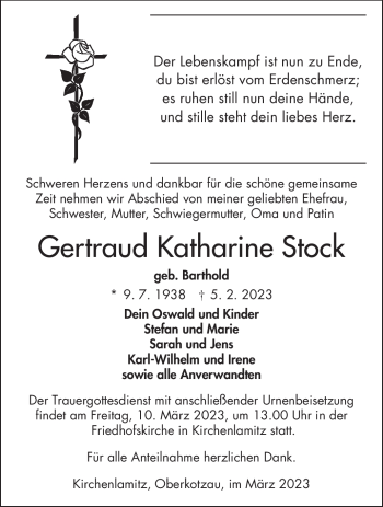 Traueranzeige von Gertraud Stock von Frankenpost