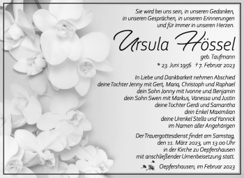 Traueranzeige von Ursula Hössel von Südthüringer Presse