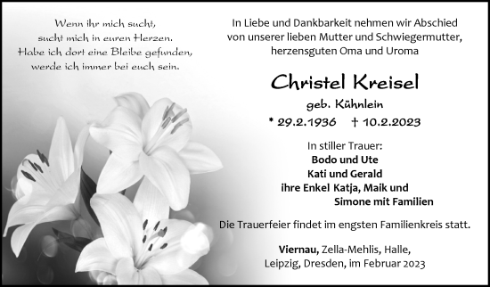 Traueranzeige von Christel Kreisel von Südthüringer Presse