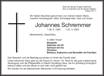 Traueranzeige von Johannes Schremmer von Frankenpost