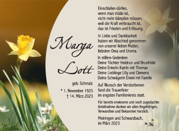 Traueranzeige von Marga Lott von Südthüringer Presse