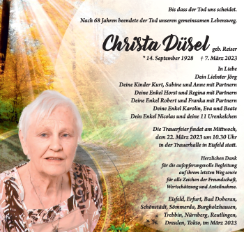 Traueranzeige von Christa Düsel von Südthüringer Presse