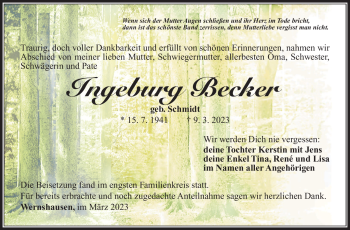 Traueranzeige von Ingeburg Becker von Südthüringer Presse