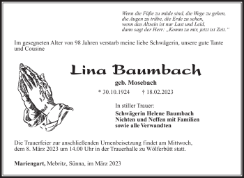 Traueranzeige von Lina Baumbach von Südthüringer Presse