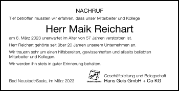 Traueranzeige von Maik Reichart von Südthüringer Presse