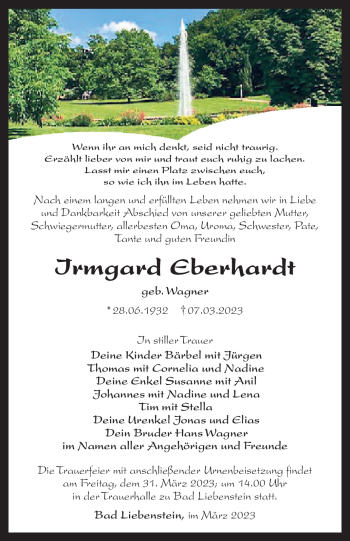 Traueranzeige von Irmgard Eberhardt von Südthüringer Presse