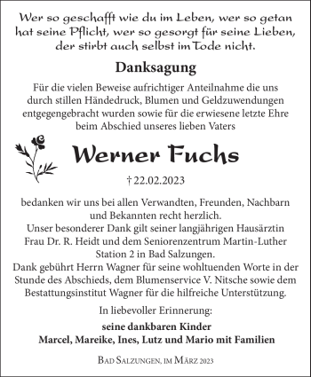 Traueranzeige von Werner Fuchs von Südthüringer Presse