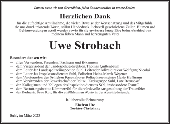 Traueranzeige von Uwe Strobach von Südthüringer Presse