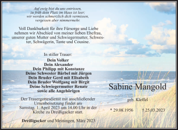 Traueranzeige von Sabine Mangold von Südthüringer Presse