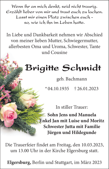 Traueranzeige von Brigitte Schmidt von Südthüringer Presse