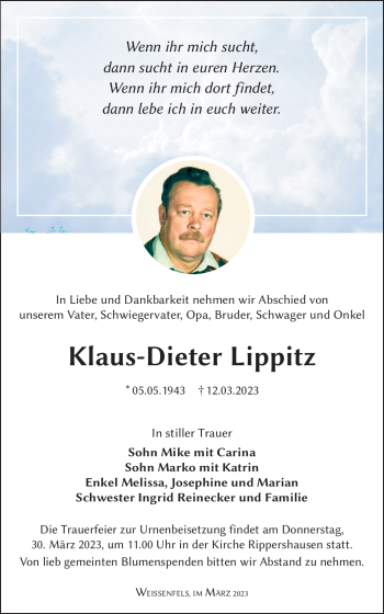 Traueranzeige von Klaus-Dieter Lippitz von Südthüringer Presse