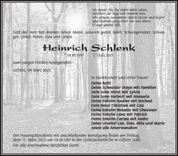 Traueranzeige von Heinrich Schlenk von Frankenpost