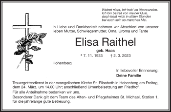 Traueranzeige von Elisa Raithel von Frankenpost