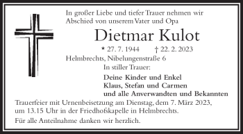 Traueranzeige von Dietmar Kulot von Frankenpost