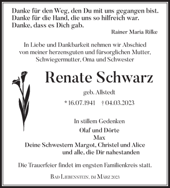 Traueranzeige von Renate Schwarz von Südthüringer Presse
