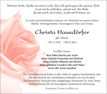 Traueranzeige von Christa Hausdörfer von Südthüringer Presse