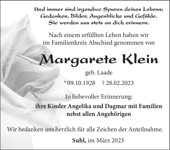 Traueranzeige von Margarete Klein von Südthüringer Presse