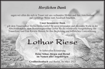 Traueranzeige von Lothar Riese von Südthüringer Presse