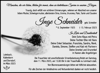 Traueranzeige von Inge Schneider von Südthüringer Presse