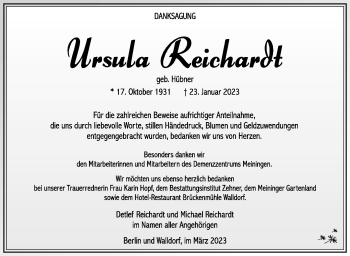 Traueranzeige von Ursula Reichardt von Südthüringer Presse