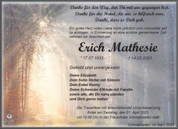 Traueranzeige von Erich Mathesie von Südthüringer Presse