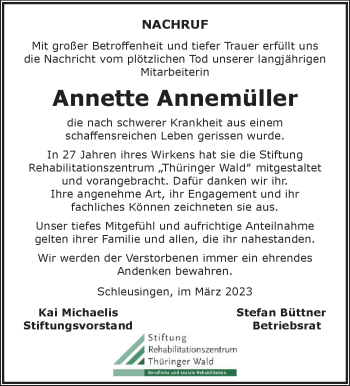 Traueranzeige von Annette Annemüller von Südthüringer Presse