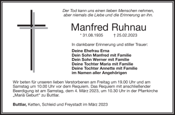Traueranzeige von Manfred Ruhnau von Südthüringer Presse