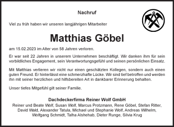Traueranzeige von Matthias Göbel von Südthüringer Presse