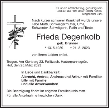 Traueranzeige von Frieda Degenkolb von Frankenpost