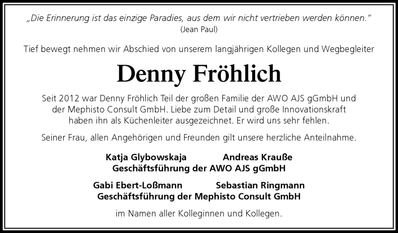  Traueranzeige für Denny Fröhlich vom 16.03.2023 aus Südthüringer Presse