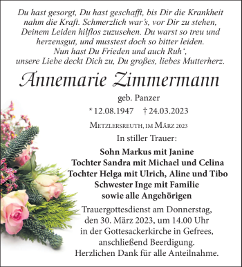 Traueranzeige von Annemarie Zimmermann von Frankenpost