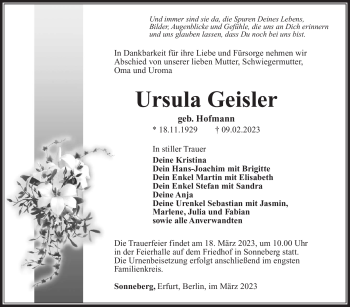 Traueranzeige von Ursula Geisler von Südthüringer Presse