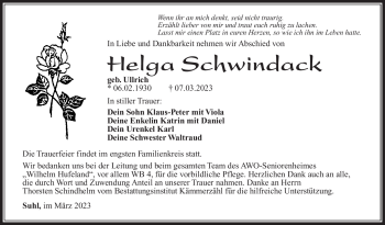 Traueranzeige von Helga Schwindack von Südthüringer Presse