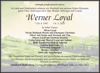 Traueranzeige von Werner Loyal von Südthüringer Presse