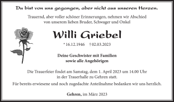 Traueranzeige von Willi Griebel von Südthüringer Presse