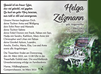 Traueranzeige von Helga Zetzmann von Südthüringer Presse