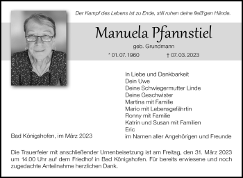 Traueranzeige von Manuela Pannstiel von Südthüringer Presse