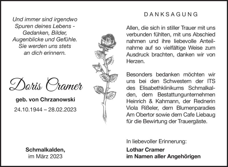  Traueranzeige für Doris Cramer vom 18.03.2023 aus Südthüringer Presse