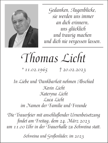 Traueranzeige von Thomas Licht von Südthüringer Presse
