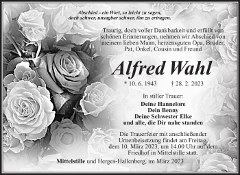 Traueranzeige von Alfred Wahl von Südthüringer Presse