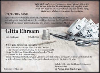 Traueranzeige von Gitta Ehrsam von Südthüringer Presse