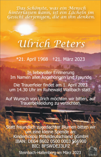Traueranzeige von Ulrich Peters von Südthüringer Presse