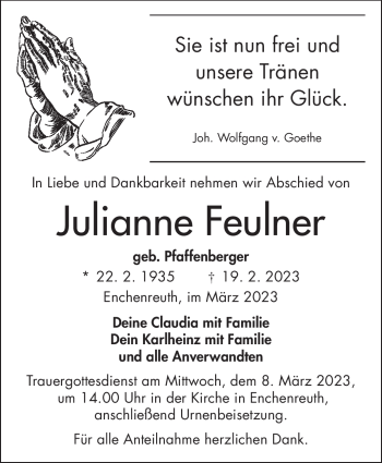 Traueranzeige von Julianne Feulner von Frankenpost