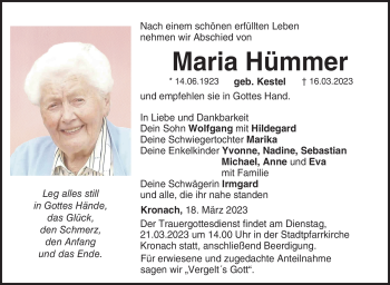 Traueranzeige von Maria Hümmer von Neue Presse Coburg