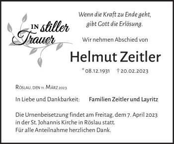 Traueranzeige von Helmut Zeitler von Frankenpost
