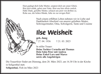 Traueranzeige von Ilse Weisheit von Südthüringer Presse