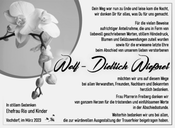 Traueranzeige von Wolf-Dieter Wießner von Südthüringer Presse