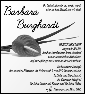 Traueranzeige von Barbara Burghardt von Südthüringer Presse